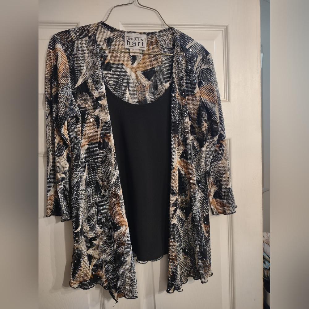 KEREN hart Women's Black and Tan Patterned Cardigan